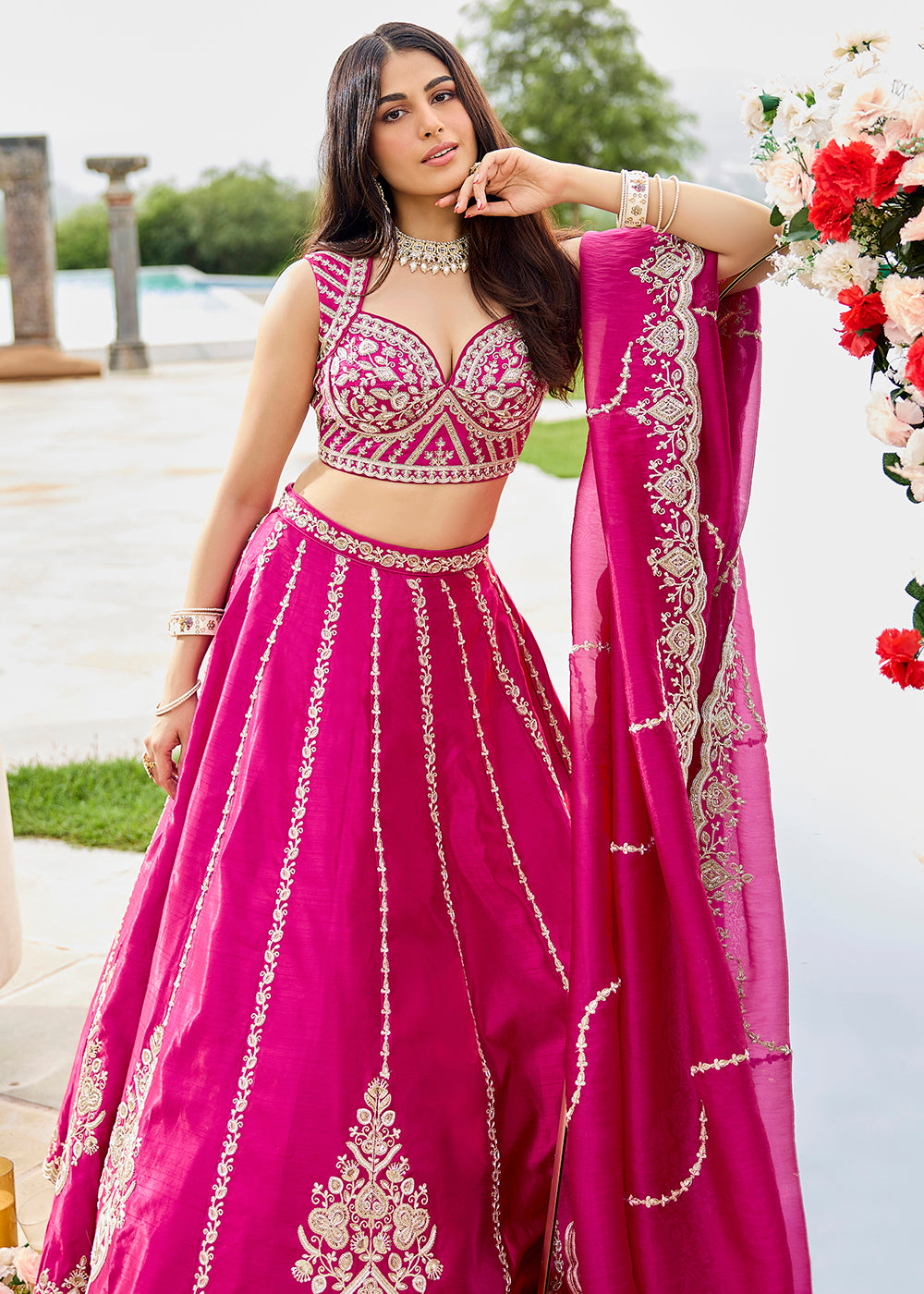 Buy Now Premium Rani Pink Beads Wedding Festive Lehenga Choli Online in US, UK, Canada, France, Italy, Germany, Sweden, Greece, UAE & Worldwide at Empress.