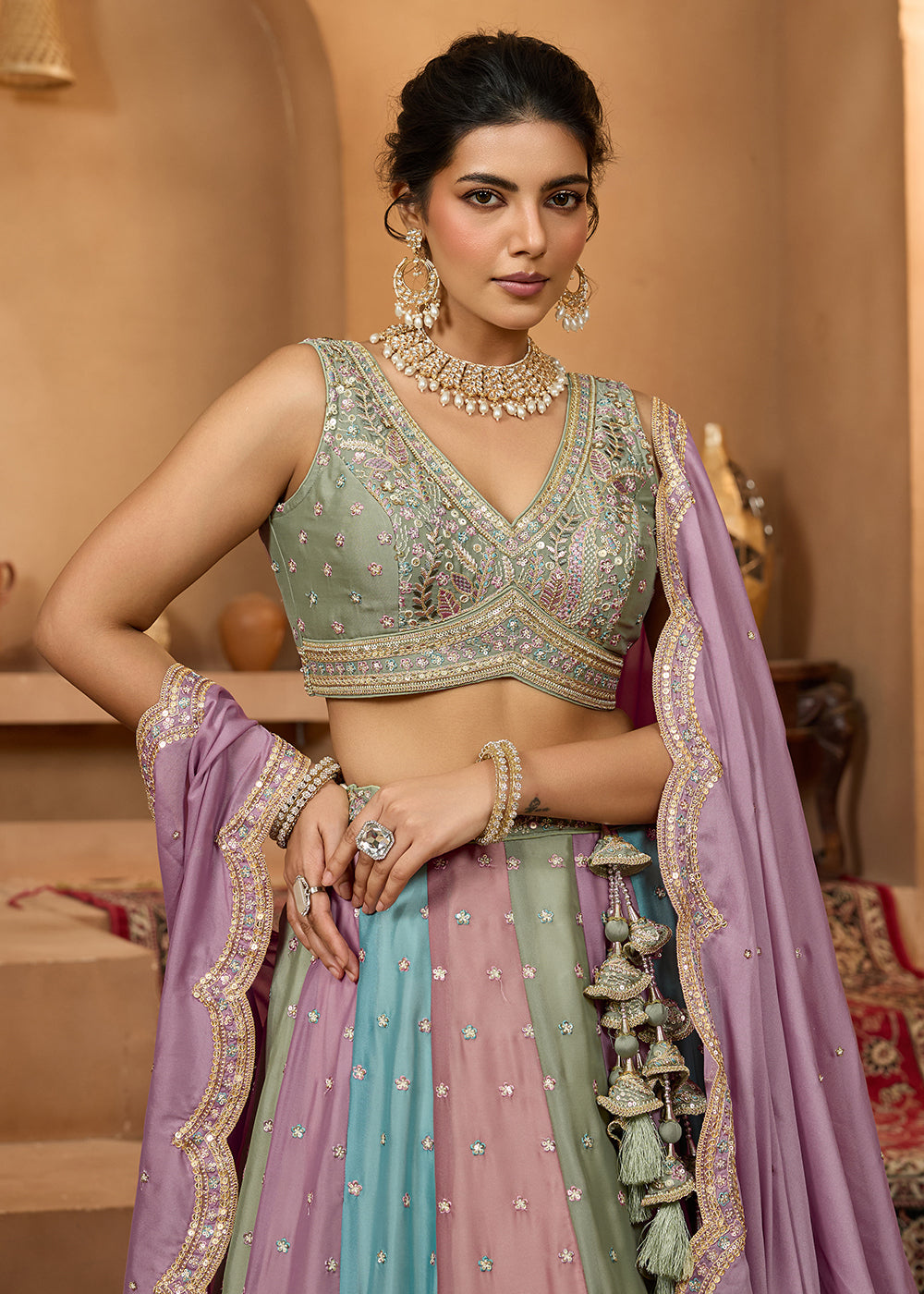 Buy Now Premium Multicolor Lavender Designer Lehenga Choli Online in US, UK, Canada, France, Italy, Germany, Sweden, Denmark, Greece, UAE & Worldwide at Empress