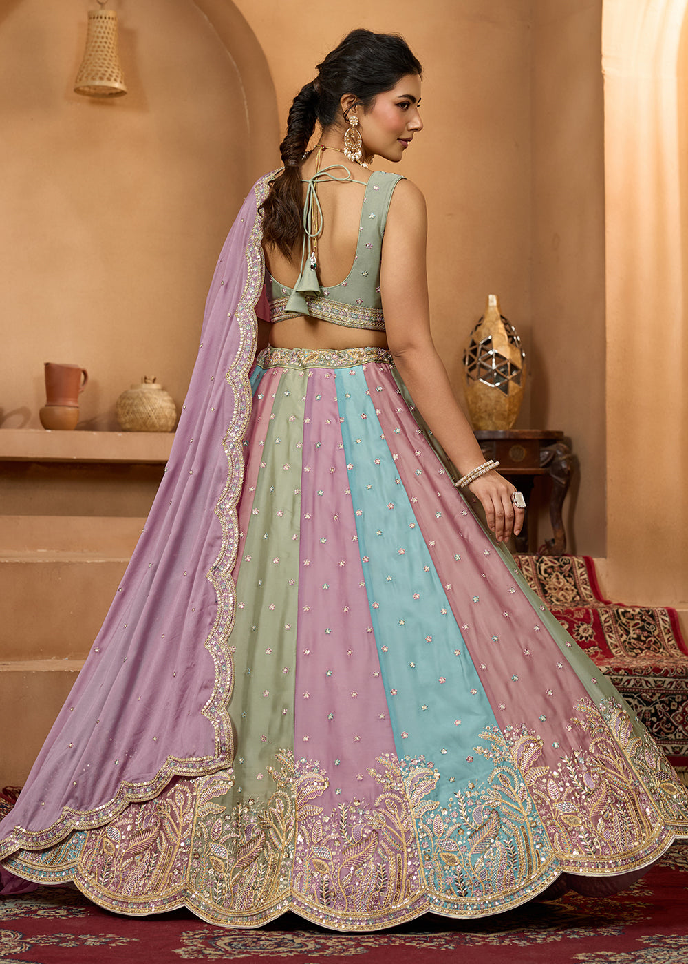 Buy Now Premium Multicolor Lavender Designer Lehenga Choli Online in US, UK, Canada, France, Italy, Germany, Sweden, Denmark, Greece, UAE & Worldwide at Empress