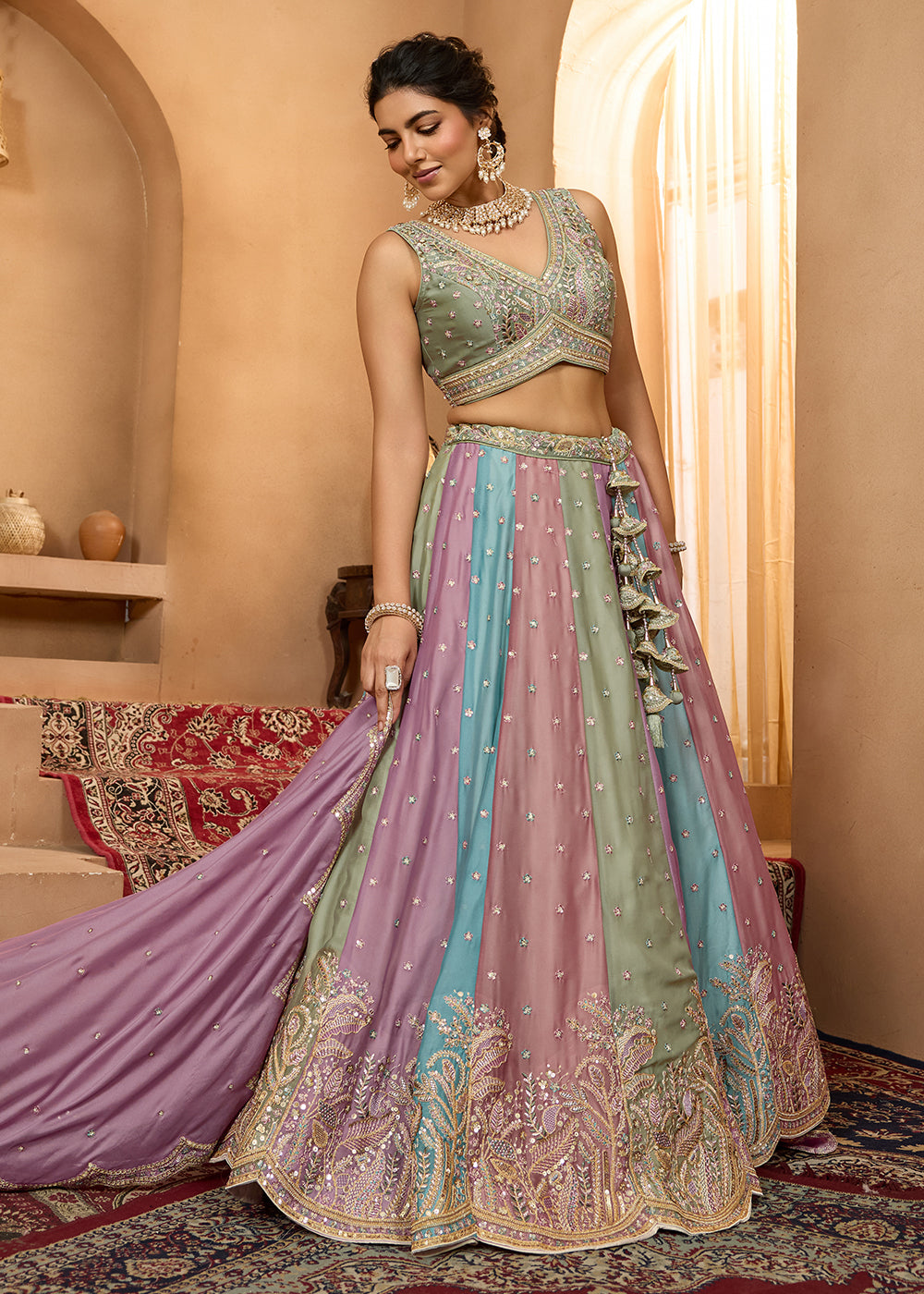 Buy Now Premium Multicolor Lavender Designer Lehenga Choli Online in US, UK, Canada, France, Italy, Germany, Sweden, Denmark, Greece, UAE & Worldwide at Empress