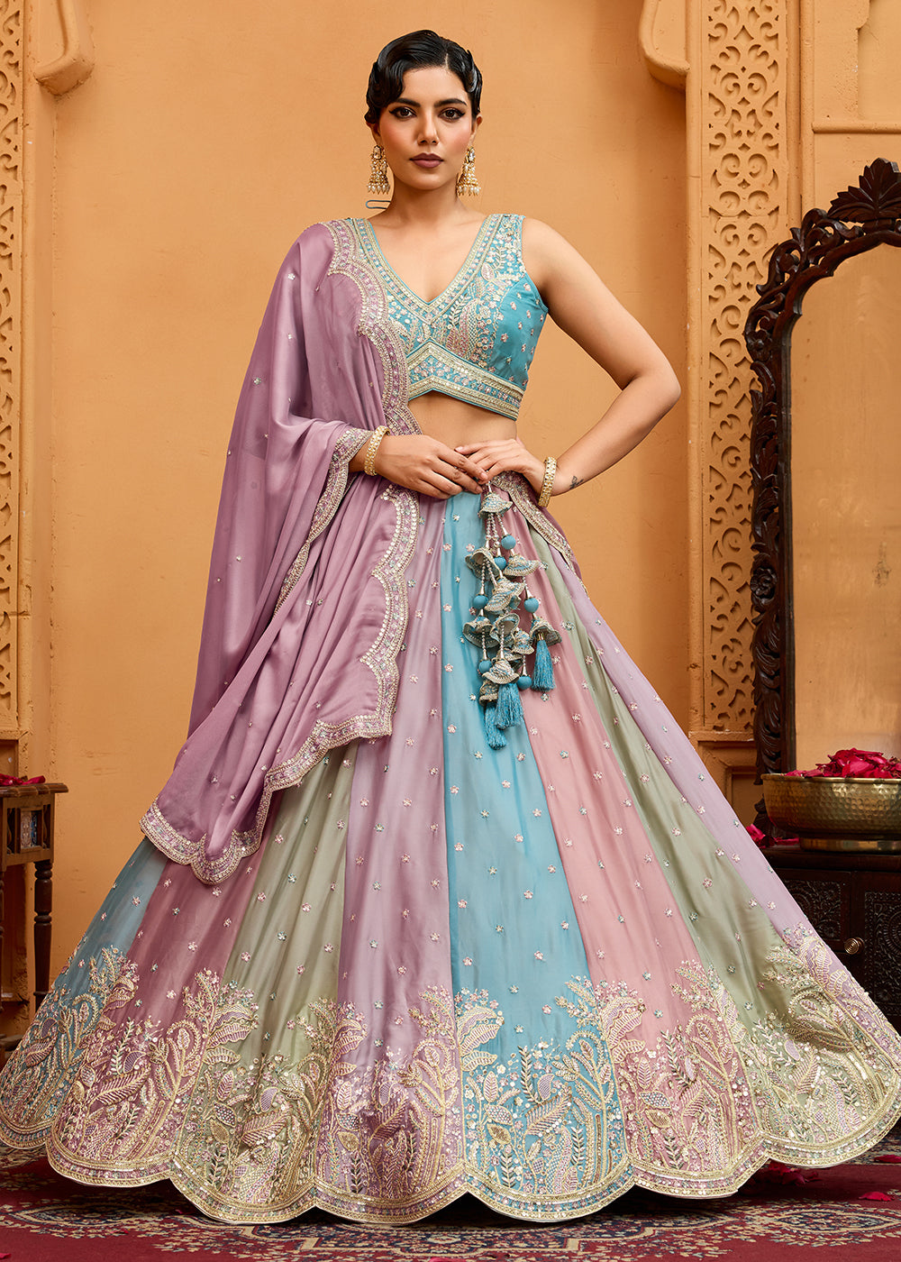Buy Now Premium Multicolor Peach Designer Lehenga Choli Online in US, UK, Canada, France, Italy, Germany, Sweden, Denmark, Greece, UAE & Worldwide at Empress.