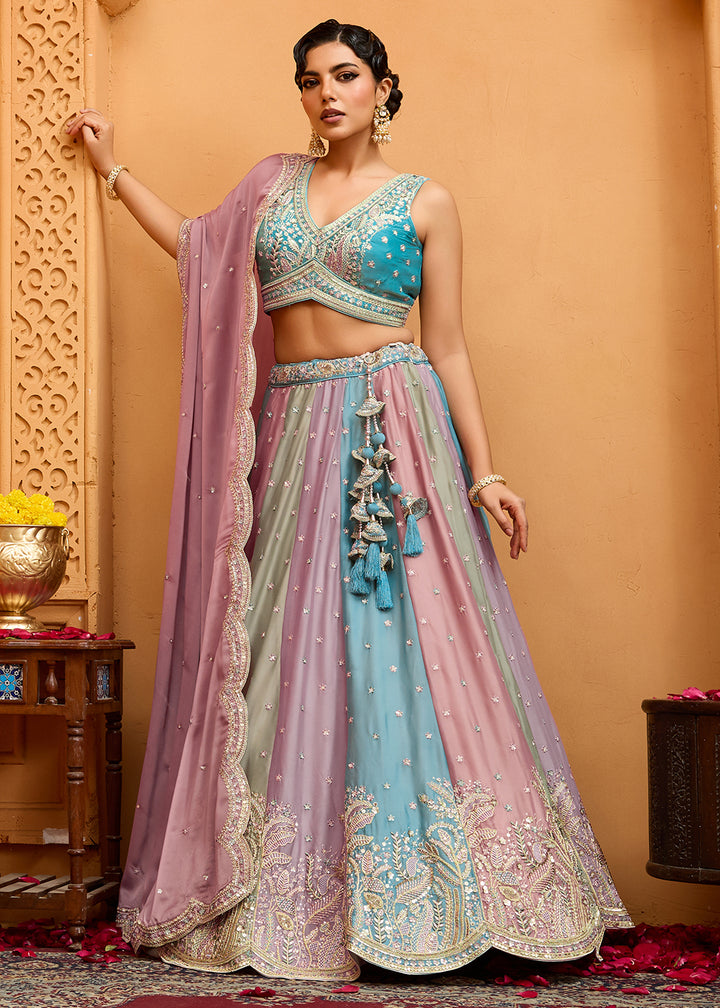 Buy Now Premium Multicolor Peach Designer Lehenga Choli Online in US, UK, Canada, France, Italy, Germany, Sweden, Denmark, Greece, UAE & Worldwide at Empress.