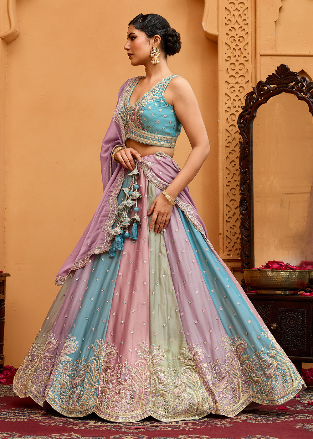 Buy Now Premium Multicolor Peach Designer Lehenga Choli Online in US, UK, Canada, France, Italy, Germany, Sweden, Denmark, Greece, UAE & Worldwide at Empress.