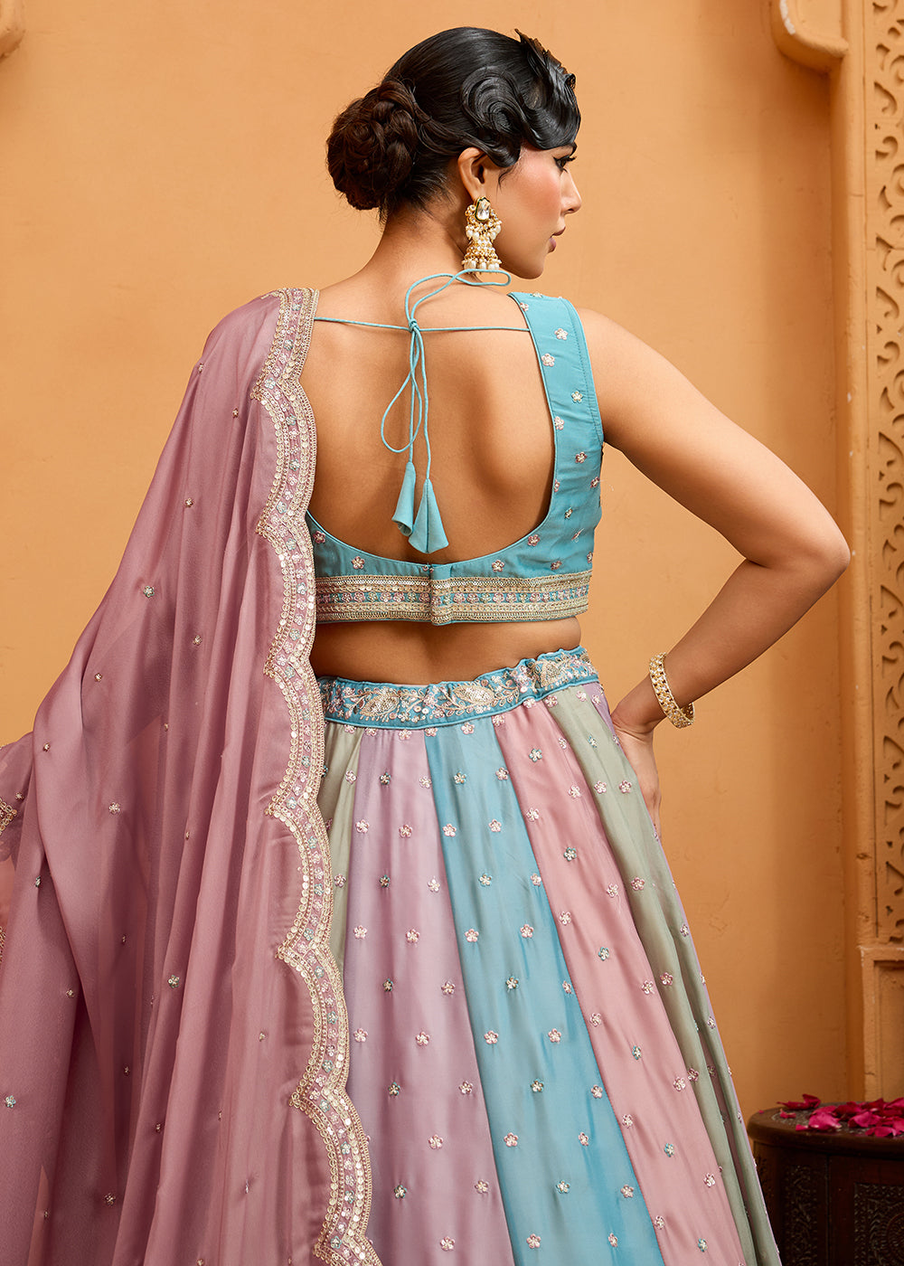 Buy Now Premium Multicolor Peach Designer Lehenga Choli Online in US, UK, Canada, France, Italy, Germany, Sweden, Denmark, Greece, UAE & Worldwide at Empress.