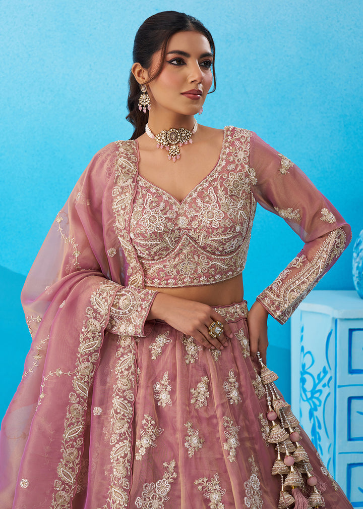 Buy Now Tissue Beads & Sequins Pink Wedding Lehenga Choli Online in US, UK, Canada, France, Italy, Germany, Sweden, Greece, Spain, UAE & Worldwide at Empress.