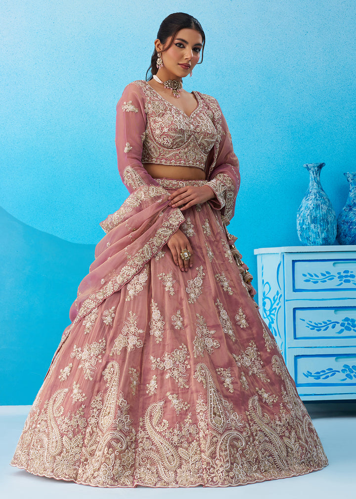 Buy Now Tissue Beads & Sequins Pink Wedding Lehenga Choli Online in US, UK, Canada, France, Italy, Germany, Sweden, Greece, Spain, UAE & Worldwide at Empress.