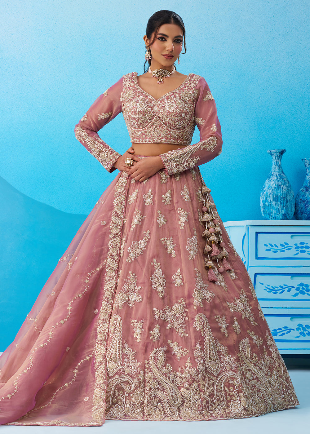 Buy Now Tissue Beads & Sequins Pink Wedding Lehenga Choli Online in US, UK, Canada, France, Italy, Germany, Sweden, Greece, Spain, UAE & Worldwide at Empress.
