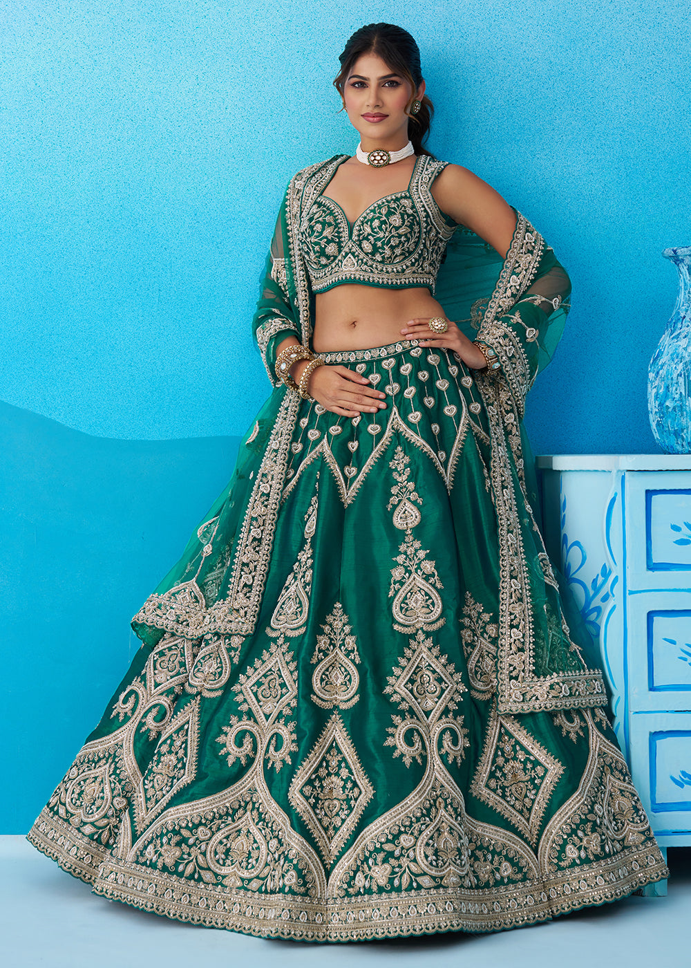 Buy Now Rama Green Silk Cording Threads Designer Lehenga Choli Online in US, UK, Canada, France, Italy, Germany, Australia, Greece, UAE & Worldwide at Empress.