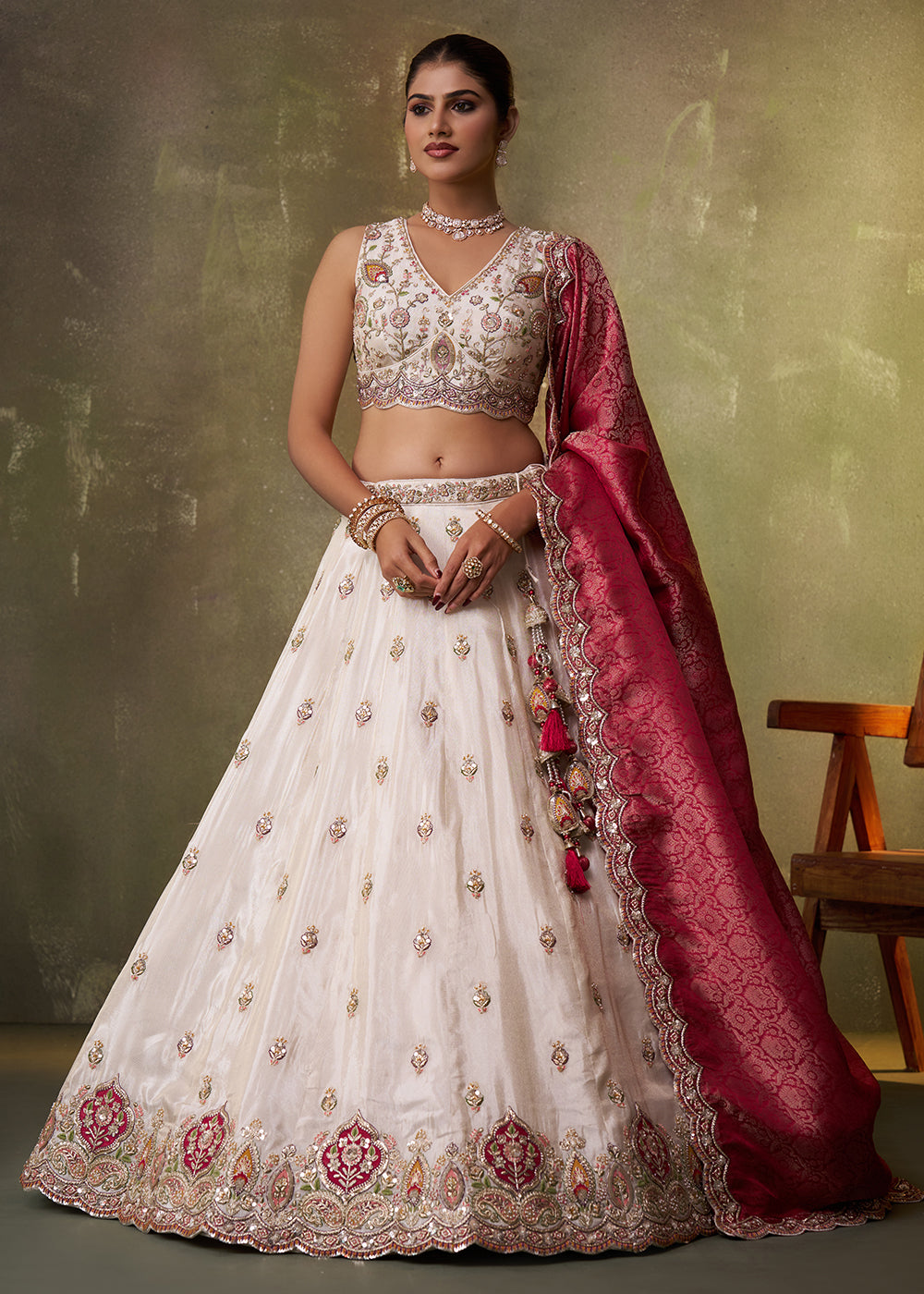 Buy Now Beige Designer Lehenga Choli with Pink Banarasi Silk DupattaOnline in US, UK, Canada, France, Germany, Sweden, Greece, Denmark & Worldwide at Empress.