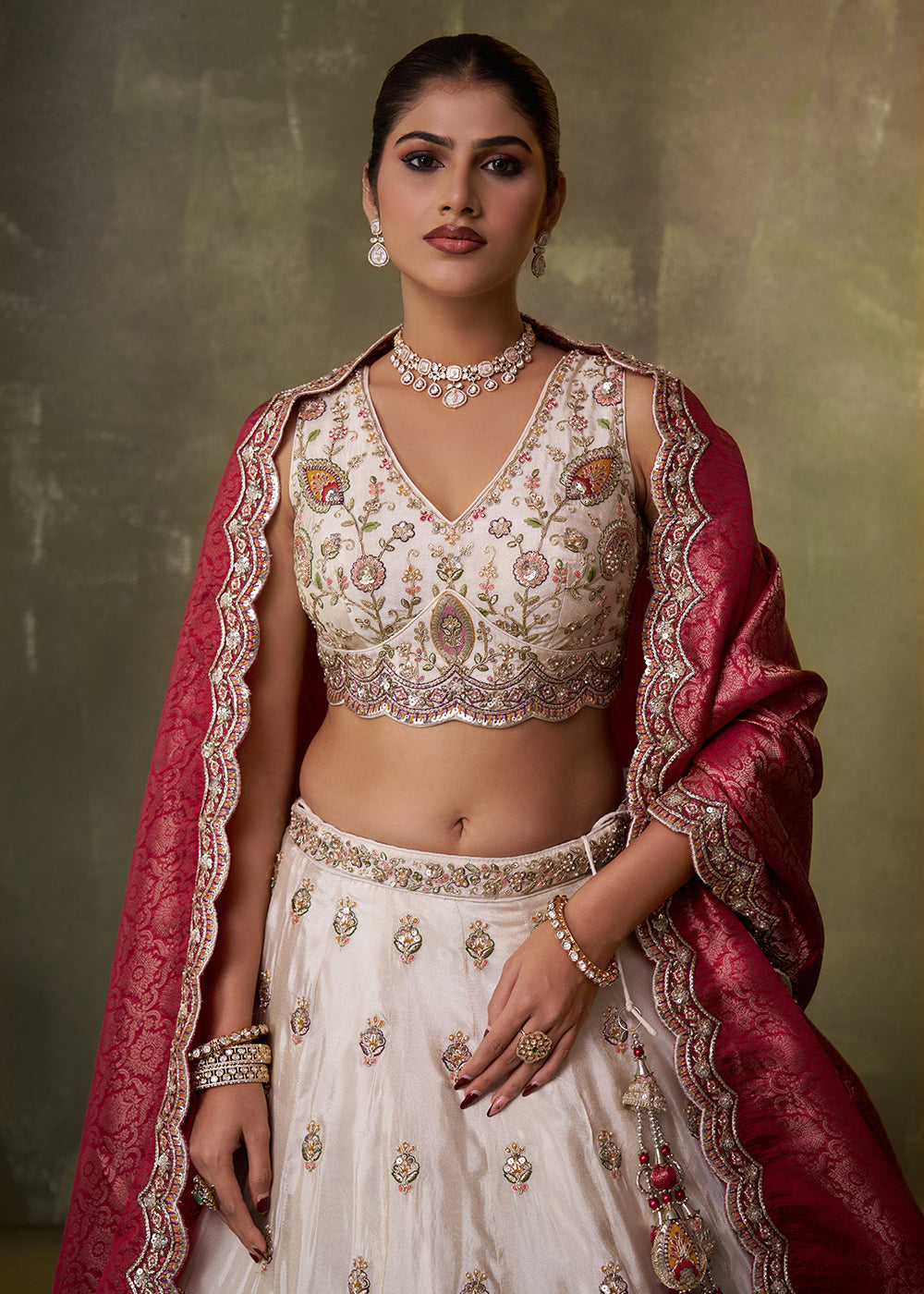 Buy Now Beige Designer Lehenga Choli with Pink Banarasi Silk DupattaOnline in US, UK, Canada, France, Germany, Sweden, Greece, Denmark & Worldwide at Empress.