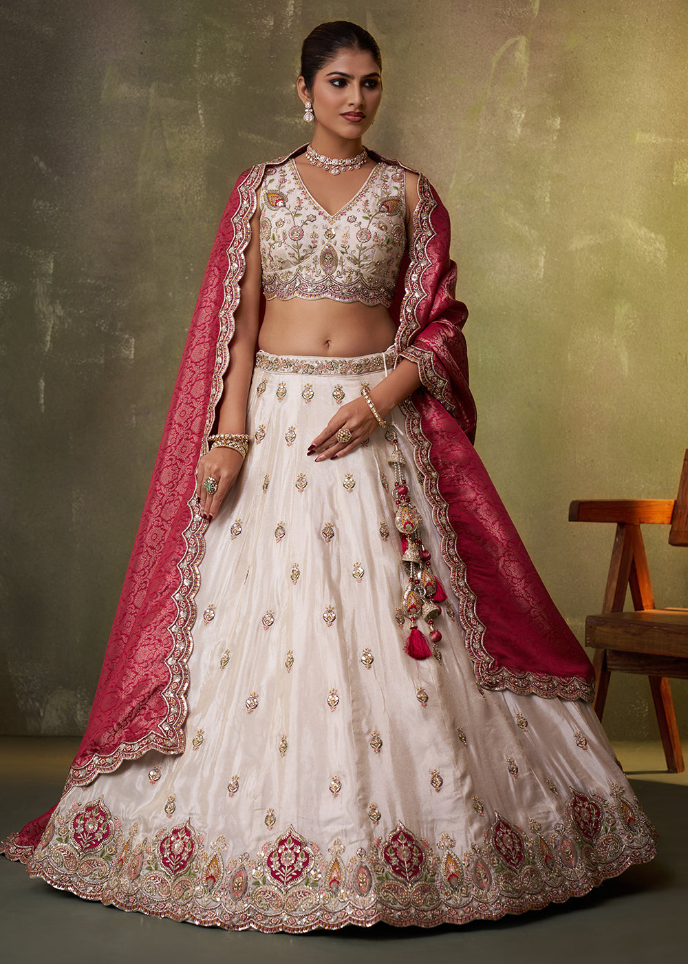 Buy Now Beige Designer Lehenga Choli with Pink Banarasi Silk DupattaOnline in US, UK, Canada, France, Germany, Sweden, Greece, Denmark & Worldwide at Empress.