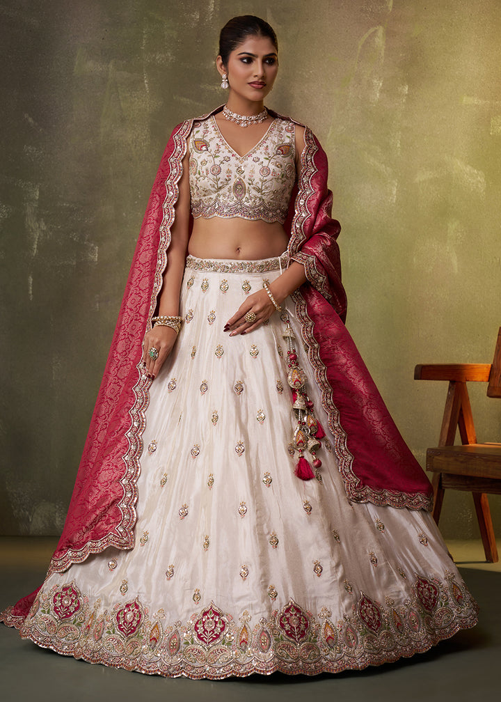 Buy Now Beige Designer Lehenga Choli with Pink Banarasi Silk DupattaOnline in US, UK, Canada, France, Germany, Sweden, Greece, Denmark & Worldwide at Empress.