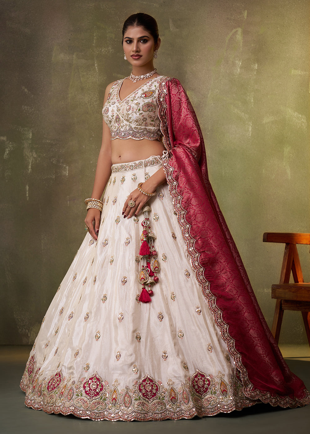 Buy Now Beige Designer Lehenga Choli with Pink Banarasi Silk DupattaOnline in US, UK, Canada, France, Germany, Sweden, Greece, Denmark & Worldwide at Empress.