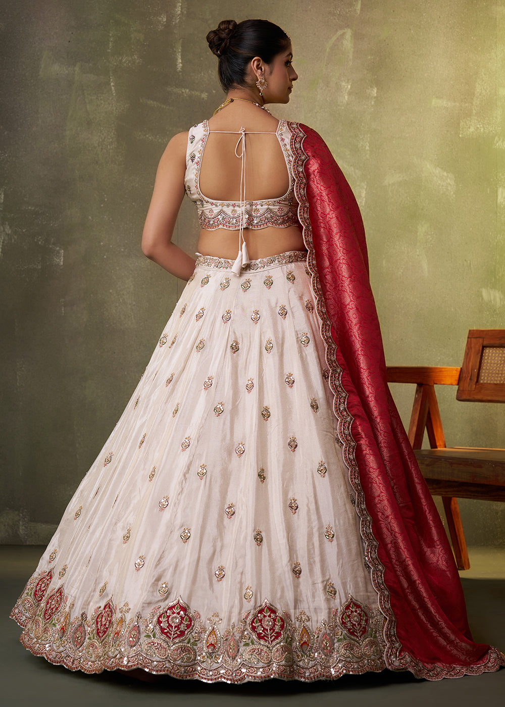 Buy Now Beige Designer Lehenga Choli with Red Banarasi Silk Dupatta Online in US, UK, Canada, France, Germany, Sweden, Greece, Denmark & Worldwide at Empress.