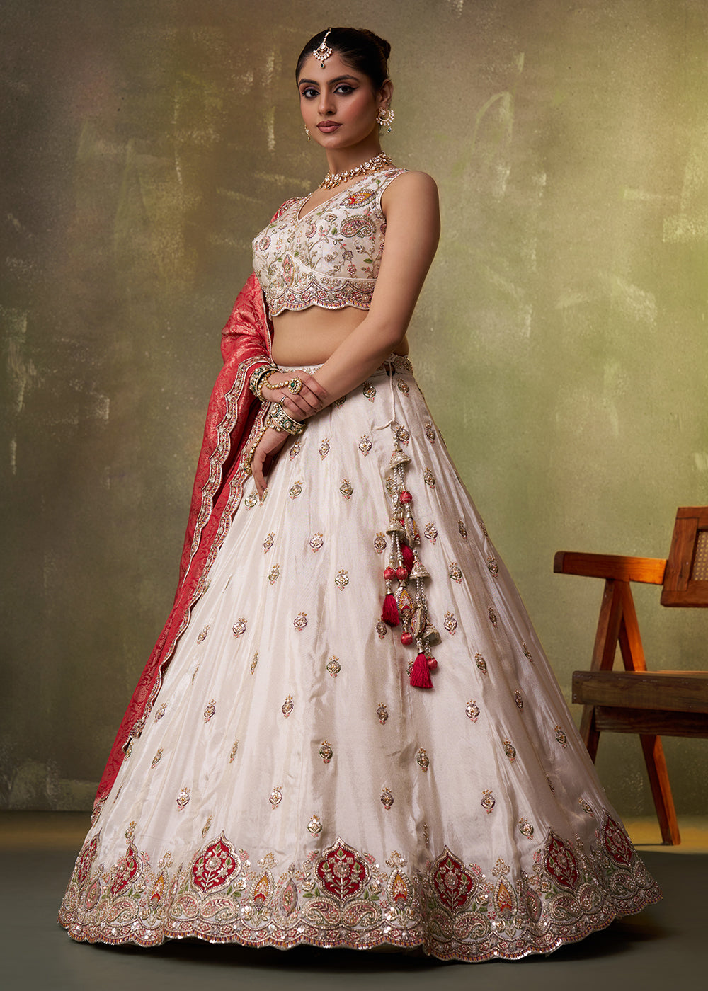 Buy Now Beige Designer Lehenga Choli with Red Banarasi Silk Dupatta Online in US, UK, Canada, France, Germany, Sweden, Greece, Denmark & Worldwide at Empress.