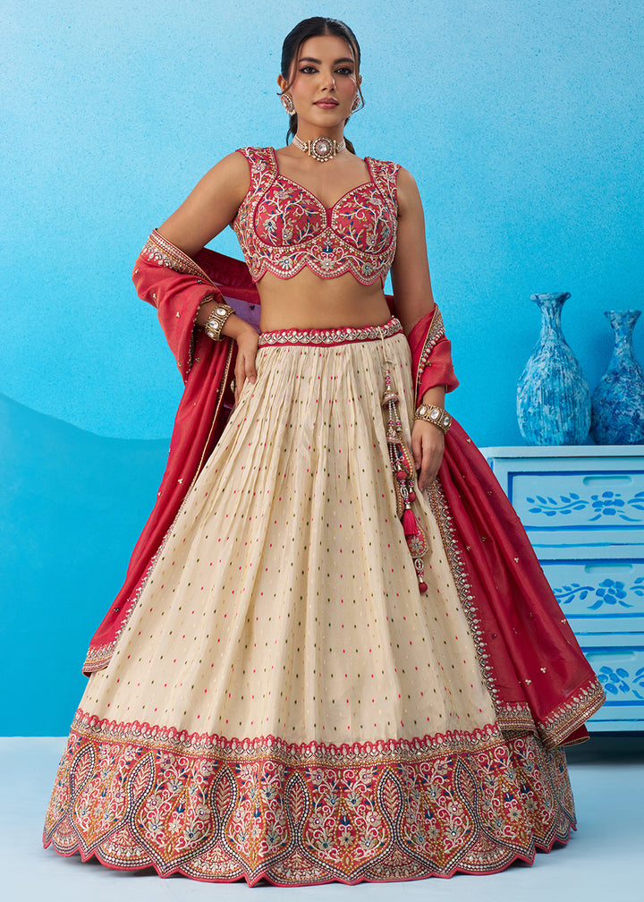 Buy Now Cream & Pink Jacquard Tissue Festive Lehenga Choli Online in US, UK, Canada, France, Italy, Germany, Australia, Greece, UAE & Worldwide at Empress.
