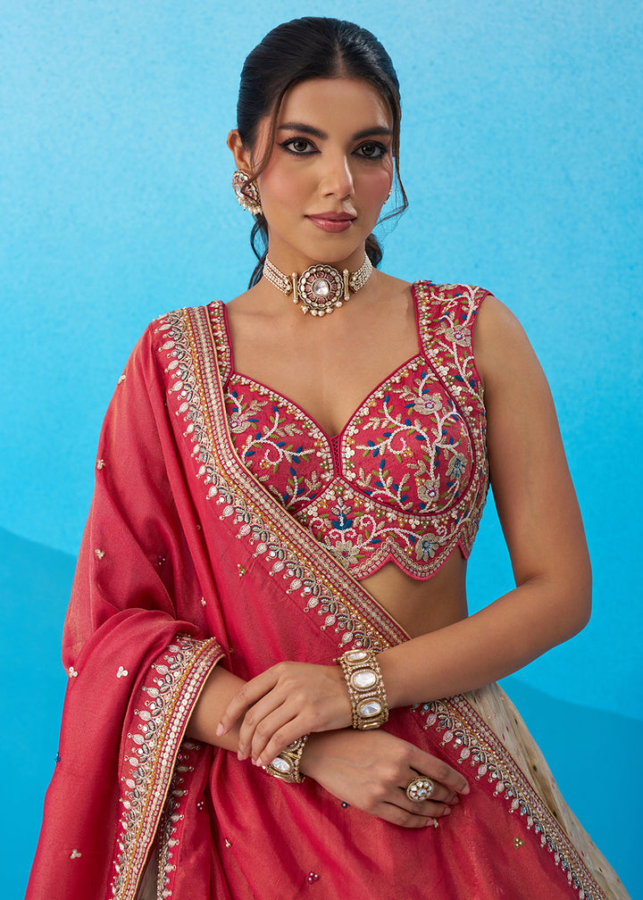 Buy Now Cream & Pink Jacquard Tissue Festive Lehenga Choli Online in US, UK, Canada, France, Italy, Germany, Australia, Greece, UAE & Worldwide at Empress.