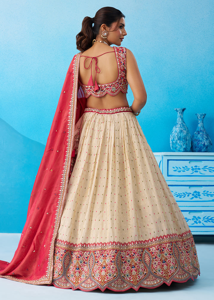 Buy Now Cream & Pink Jacquard Tissue Festive Lehenga Choli Online in US, UK, Canada, France, Italy, Germany, Australia, Greece, UAE & Worldwide at Empress.