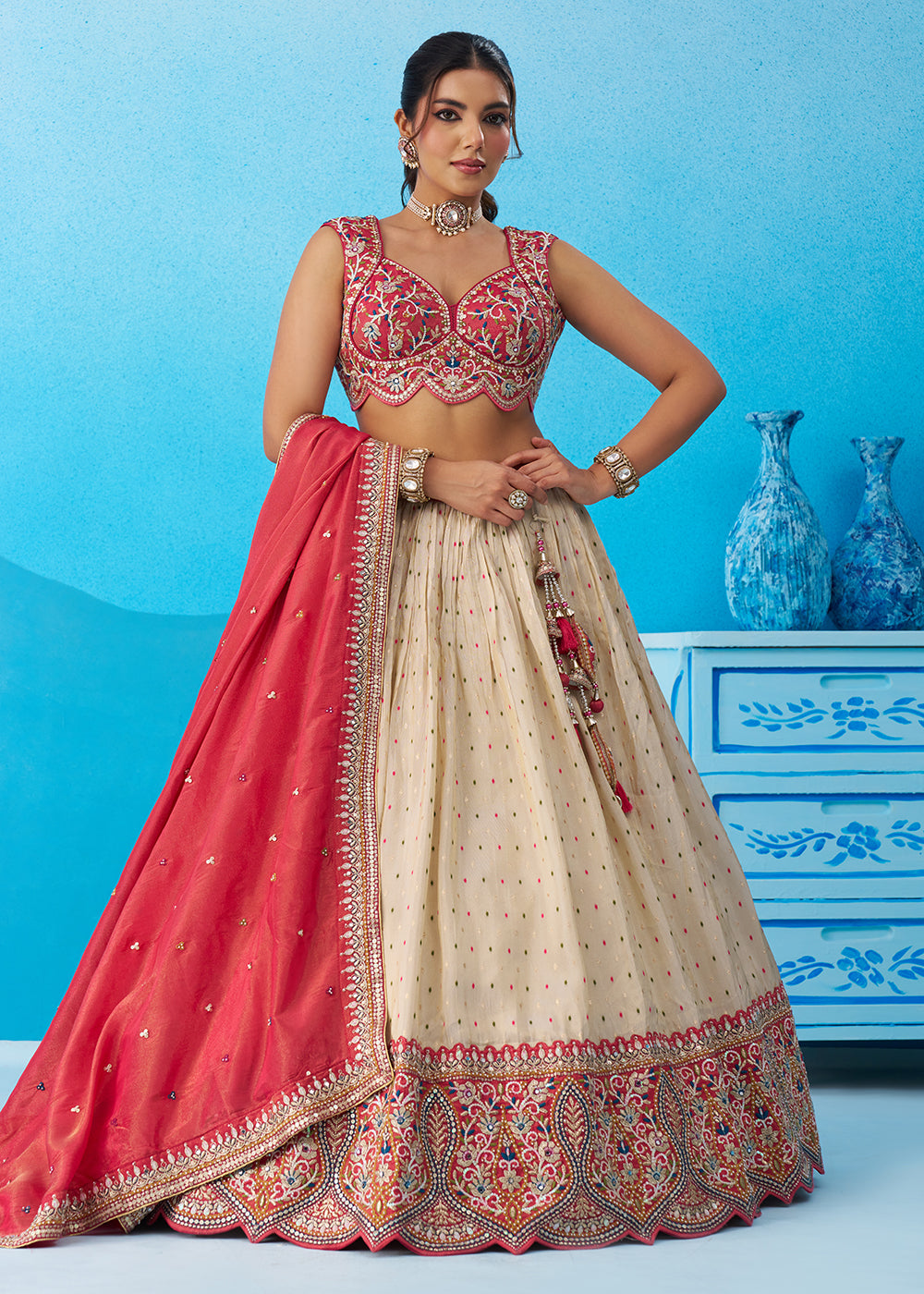 Buy Now Cream & Pink Jacquard Tissue Festive Lehenga Choli Online in US, UK, Canada, France, Italy, Germany, Australia, Greece, UAE & Worldwide at Empress.