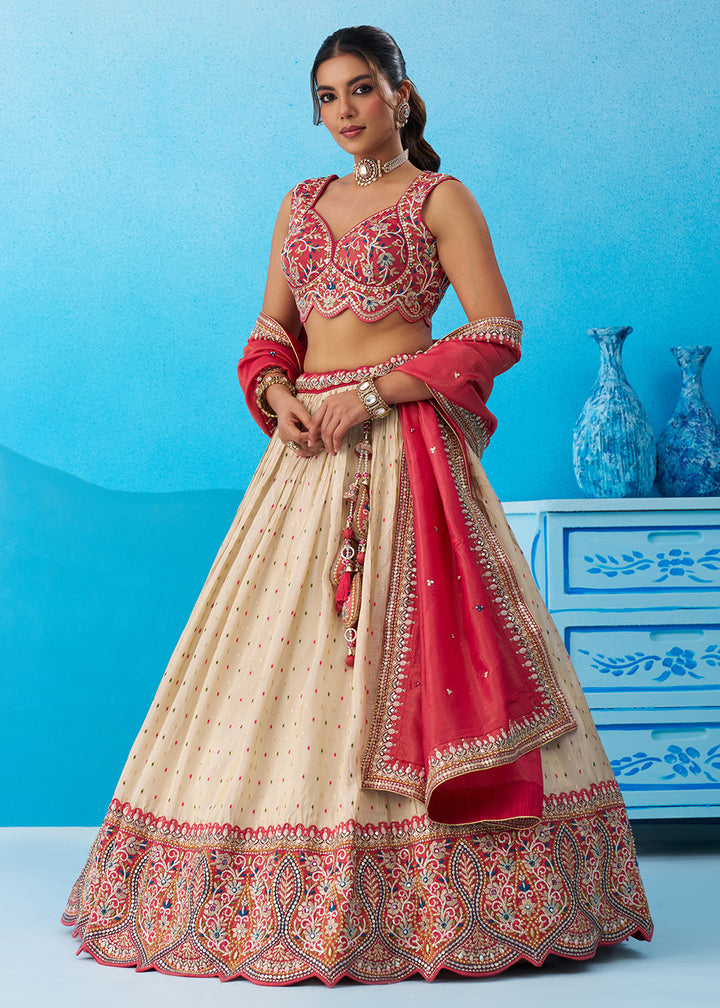 Buy Now Cream & Pink Jacquard Tissue Festive Lehenga Choli Online in US, UK, Canada, France, Italy, Germany, Australia, Greece, UAE & Worldwide at Empress.