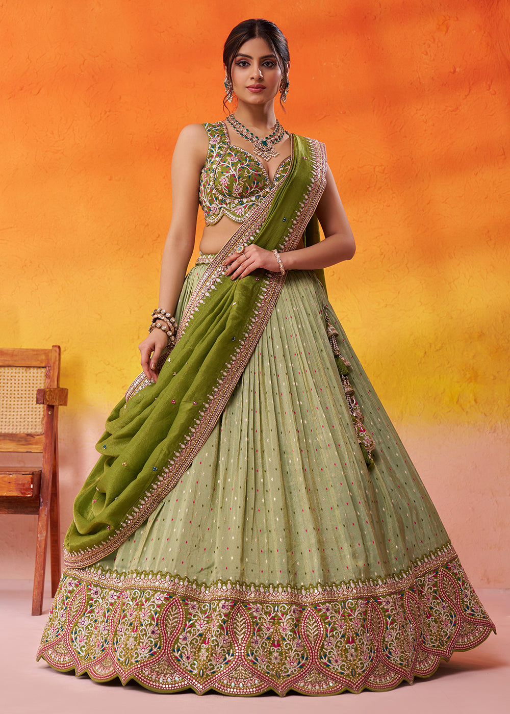 Buy Now Lime Green Jacquard Tissue Wedding Lehenga Choli Online in US, UK, Canada, France, Germany, Sweden, Greece, Denmark, Maldives & Worldwide at Empress.