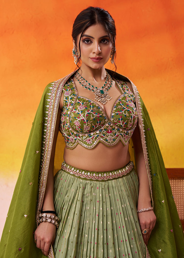 Buy Now Lime Green Jacquard Tissue Wedding Lehenga Choli Online in US, UK, Canada, France, Germany, Sweden, Greece, Denmark, Maldives & Worldwide at Empress.
