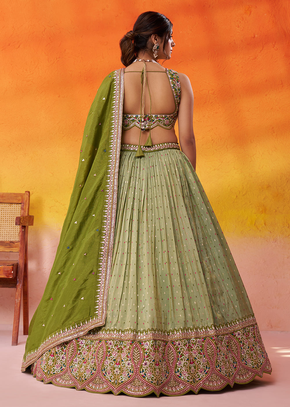 Buy Now Lime Green Jacquard Tissue Wedding Lehenga Choli Online in US, UK, Canada, France, Germany, Sweden, Greece, Denmark, Maldives & Worldwide at Empress.