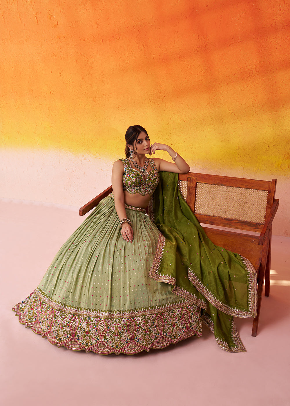 Buy Now Lime Green Jacquard Tissue Wedding Lehenga Choli Online in US, UK, Canada, France, Germany, Sweden, Greece, Denmark, Maldives & Worldwide at Empress.