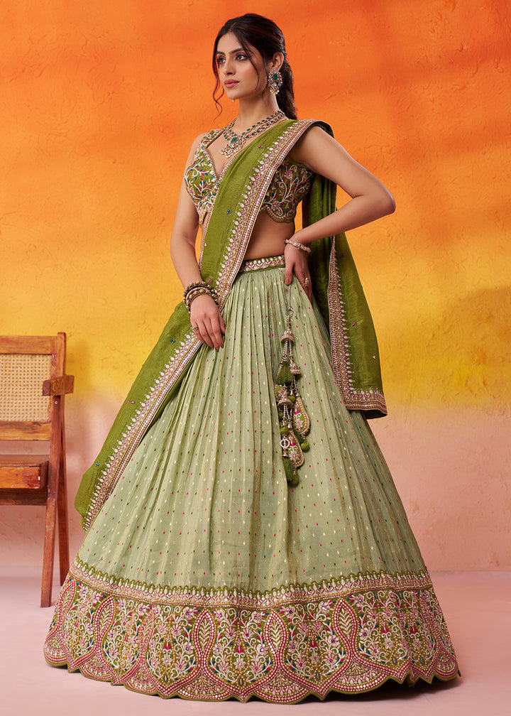 Buy Now Lime Green Jacquard Tissue Wedding Lehenga Choli Online in US, UK, Canada, France, Germany, Sweden, Greece, Denmark, Maldives & Worldwide at Empress.