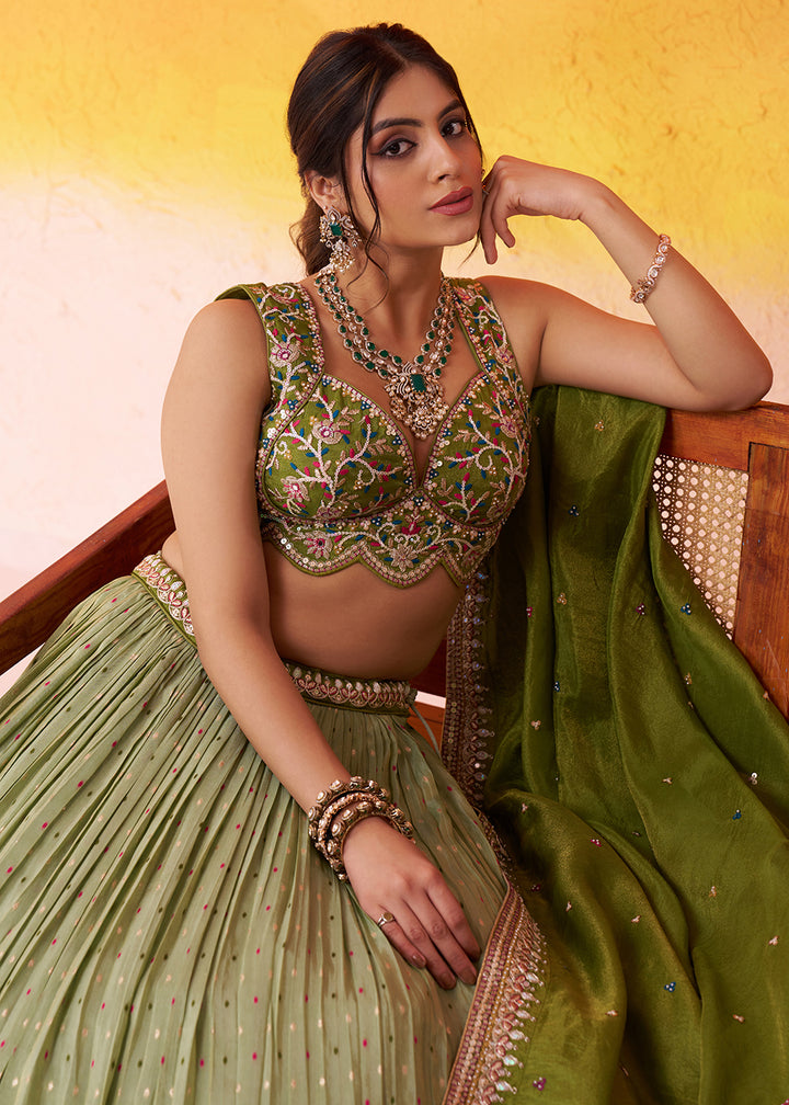 Buy Now Lime Green Jacquard Tissue Wedding Lehenga Choli Online in US, UK, Canada, France, Germany, Sweden, Greece, Denmark, Maldives & Worldwide at Empress.