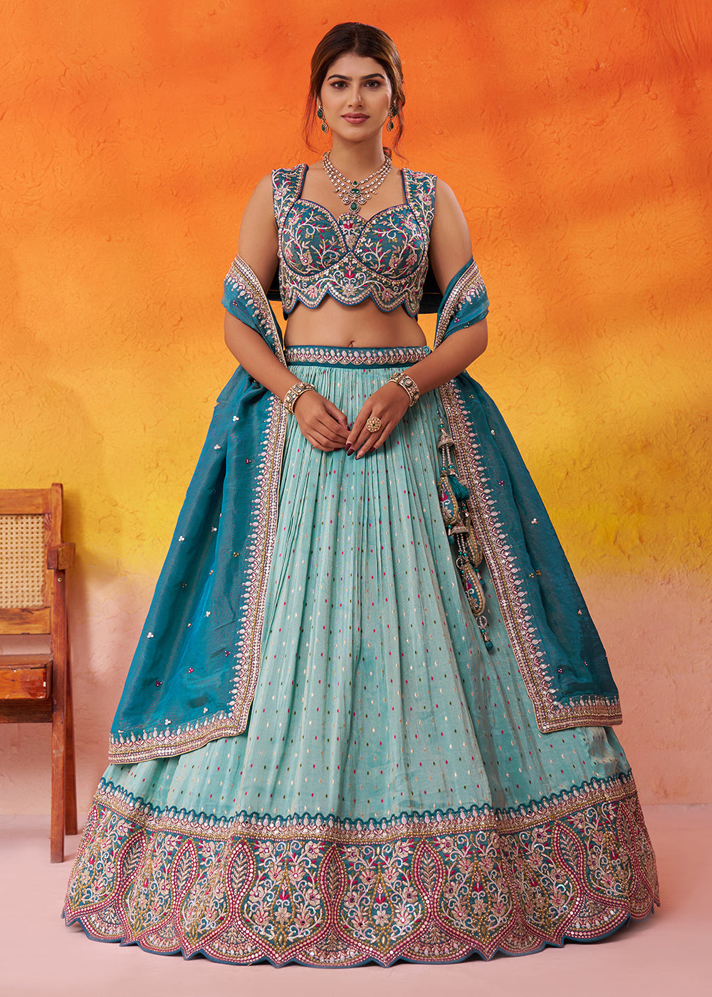 Buy Now Turquoise Blue Jacquard Tissue Wedding Lehenga Choli Online in US, UK, Canada, France, Germany, Sweden, Greece, Denmark, Maldives & Worldwide at Empress.