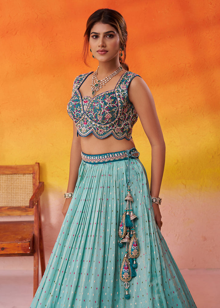 Buy Now Turquoise Blue Jacquard Tissue Wedding Lehenga Choli Online in US, UK, Canada, France, Germany, Sweden, Greece, Denmark, Maldives & Worldwide at Empress.