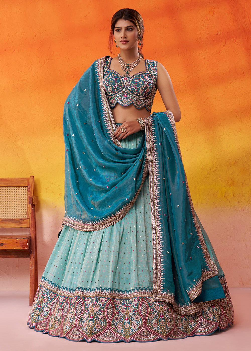 Buy Now Turquoise Blue Jacquard Tissue Wedding Lehenga Choli Online in US, UK, Canada, France, Germany, Sweden, Greece, Denmark, Maldives & Worldwide at Empress.