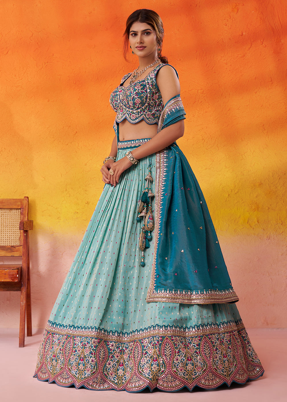 Buy Now Turquoise Blue Jacquard Tissue Wedding Lehenga Choli Online in US, UK, Canada, France, Germany, Sweden, Greece, Denmark, Maldives & Worldwide at Empress.