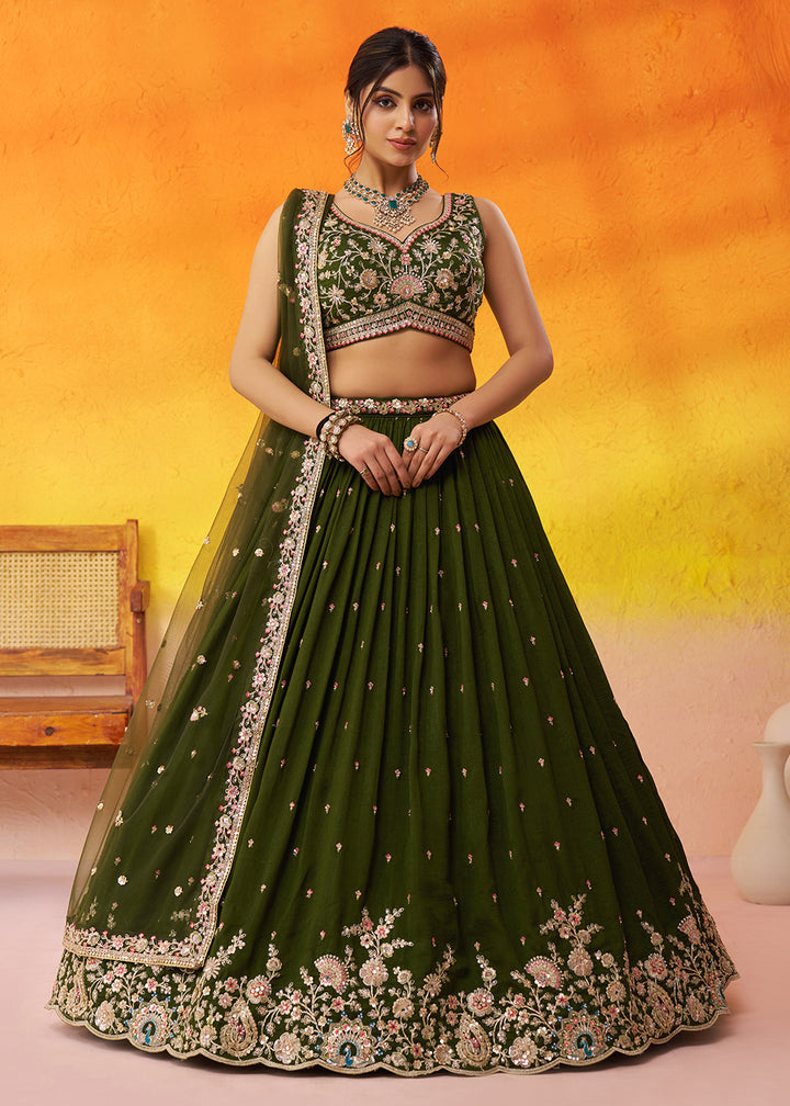 Buy Now Olive Green Georgette Embroidered Wedding Lehenga Choli Online in US, UK, Canada, France, Germany, Sweden, Greece, Denmark, UAE & Worldwide at Empress.