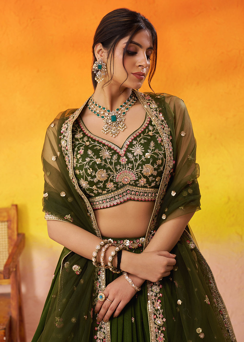Buy Now Olive Green Georgette Embroidered Wedding Lehenga Choli Online in US, UK, Canada, France, Germany, Sweden, Greece, Denmark, UAE & Worldwide at Empress.