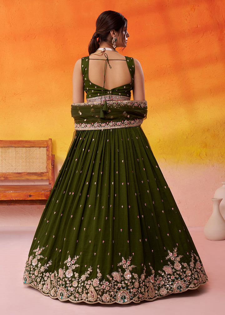 Buy Now Olive Green Georgette Embroidered Wedding Lehenga Choli Online in US, UK, Canada, France, Germany, Sweden, Greece, Denmark, UAE & Worldwide at Empress.