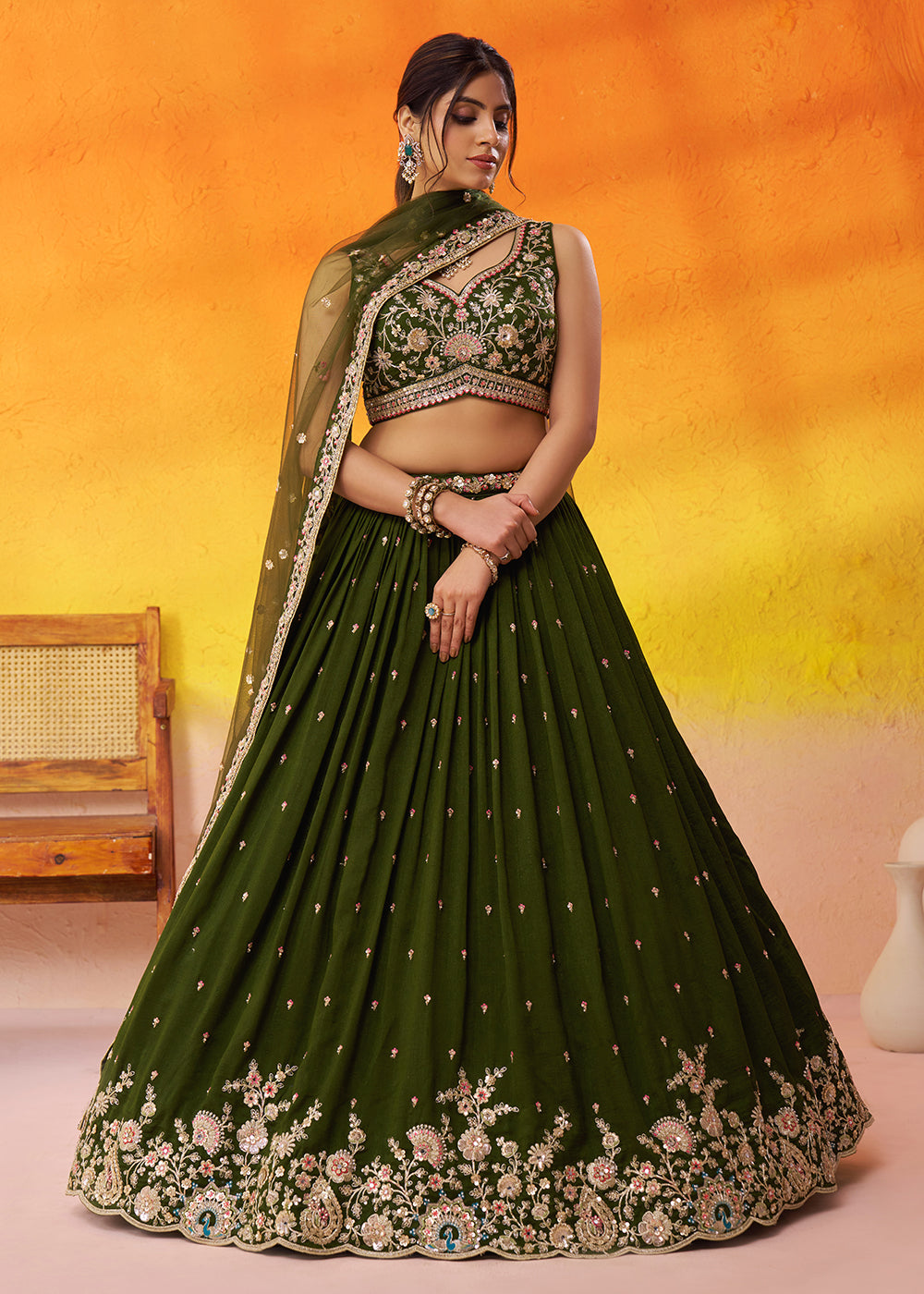 Buy Now Olive Green Georgette Embroidered Wedding Lehenga Choli Online in US, UK, Canada, France, Germany, Sweden, Greece, Denmark, UAE & Worldwide at Empress.