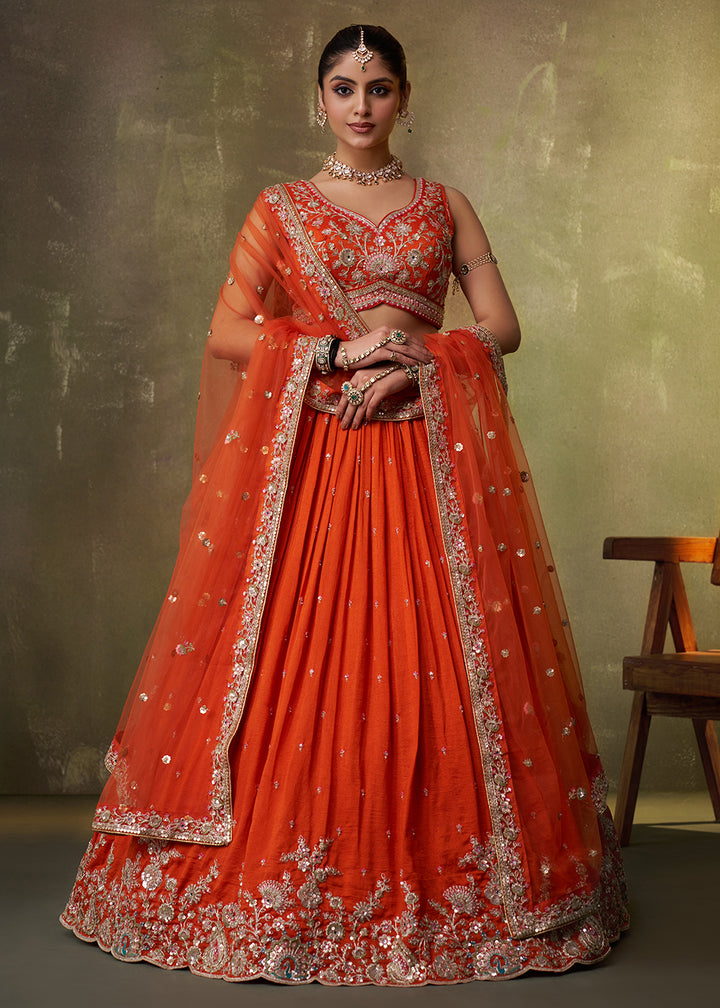 Buy Now Orange Georgette Embroidered Wedding Lehenga Choli Online in US, UK, Canada, France, Germany, Sweden, Greece, Denmark, UAE & Worldwide at Empress.