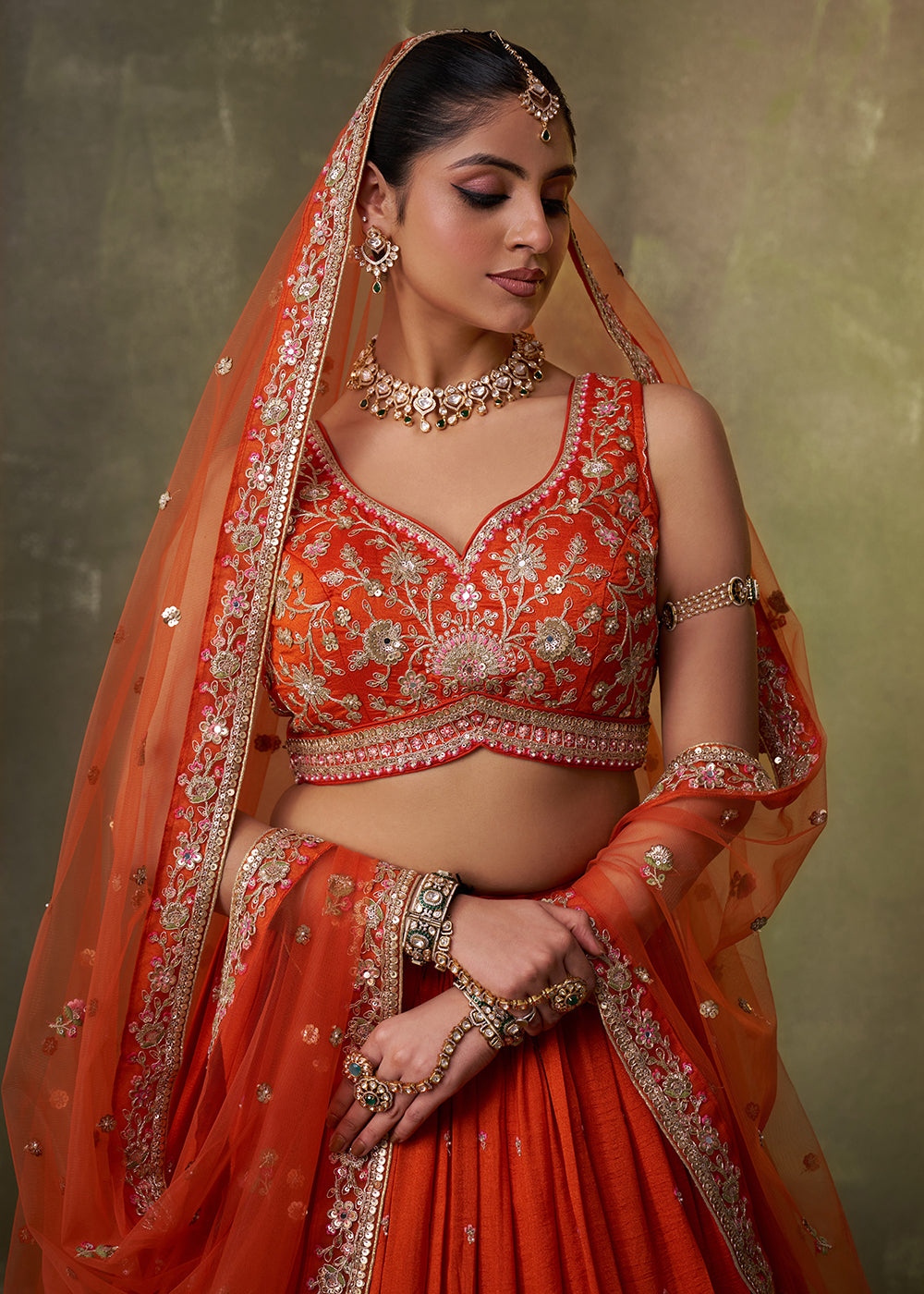 Buy Now Orange Georgette Embroidered Wedding Lehenga Choli Online in US, UK, Canada, France, Germany, Sweden, Greece, Denmark, UAE & Worldwide at Empress.