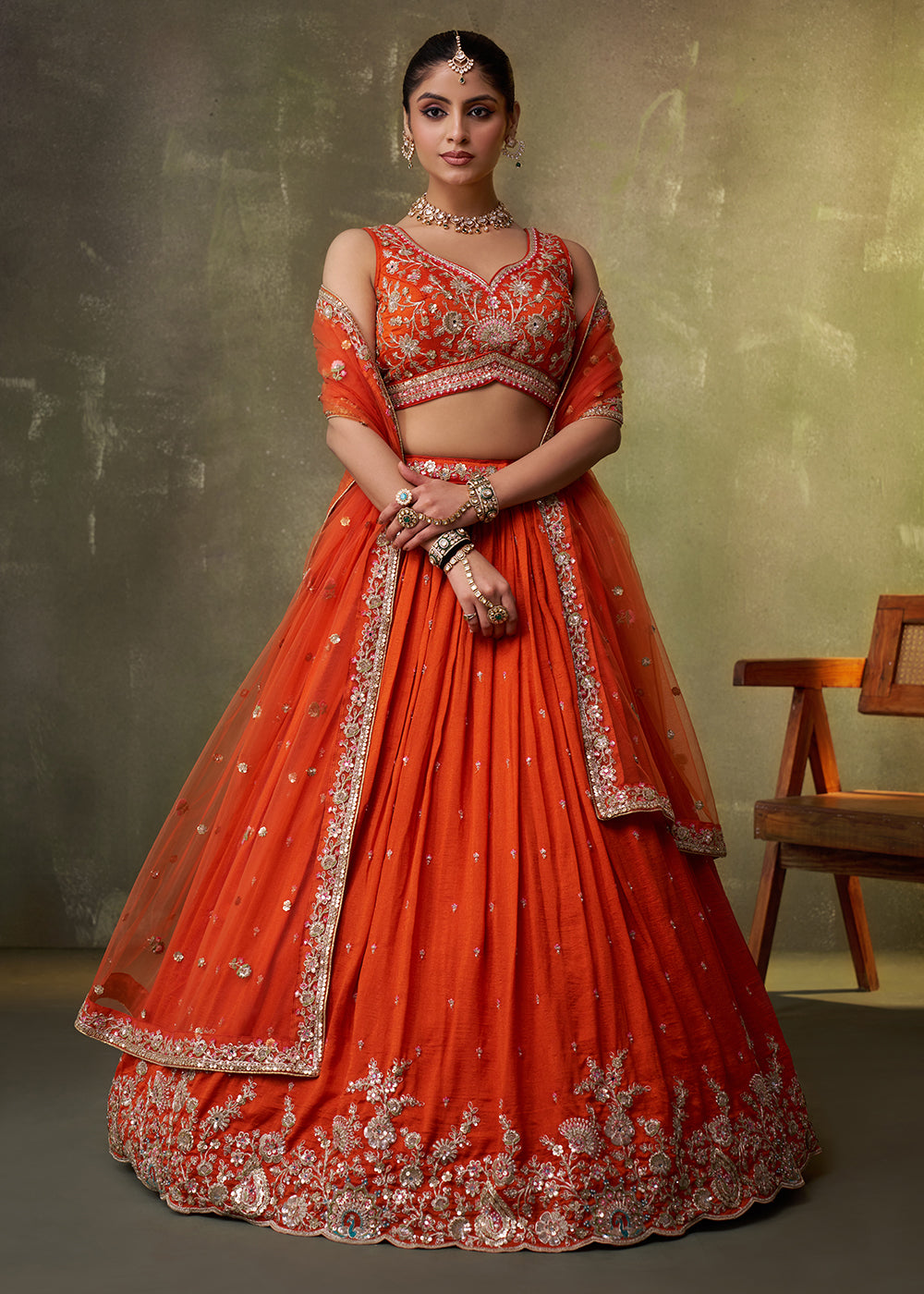Buy Now Orange Georgette Embroidered Wedding Lehenga Choli Online in US, UK, Canada, France, Germany, Sweden, Greece, Denmark, UAE & Worldwide at Empress.