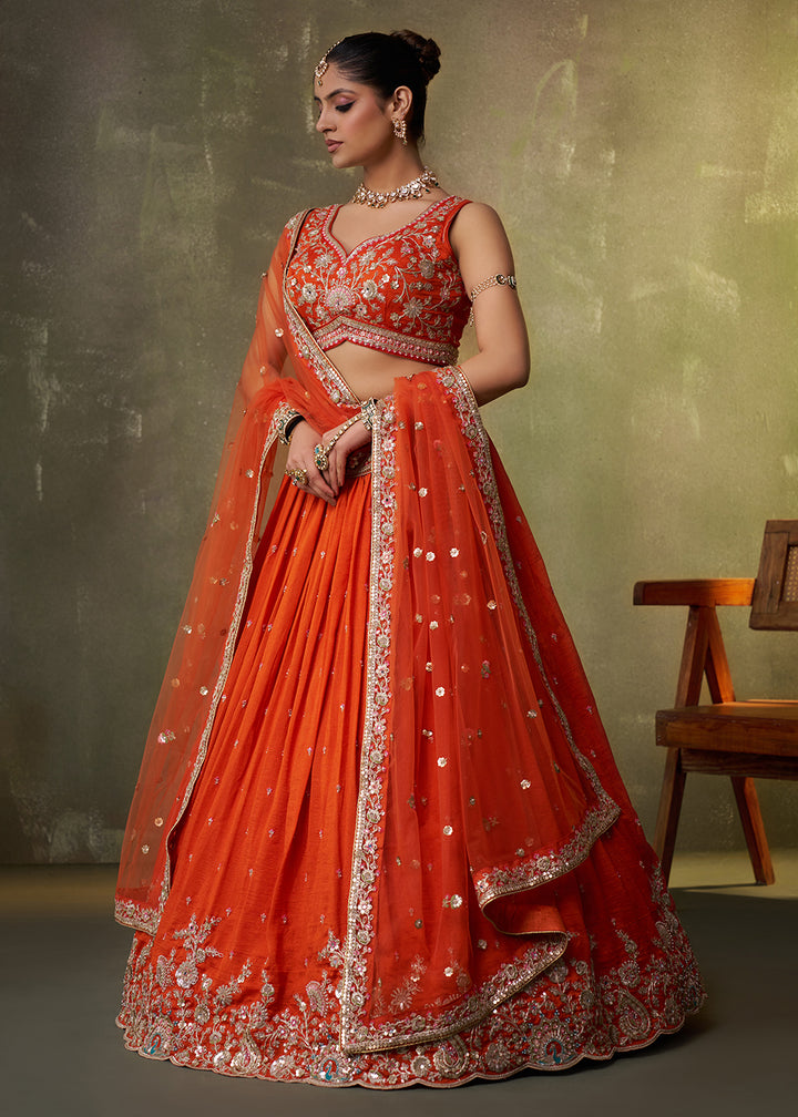 Buy Now Orange Georgette Embroidered Wedding Lehenga Choli Online in US, UK, Canada, France, Germany, Sweden, Greece, Denmark, UAE & Worldwide at Empress.