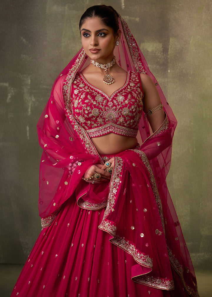 Buy Now Pink Georgette Embroidered Wedding Lehenga Choli Online in US, UK, Canada, France, Germany, Sweden, Greece, Denmark, UAE & Worldwide at Empress.