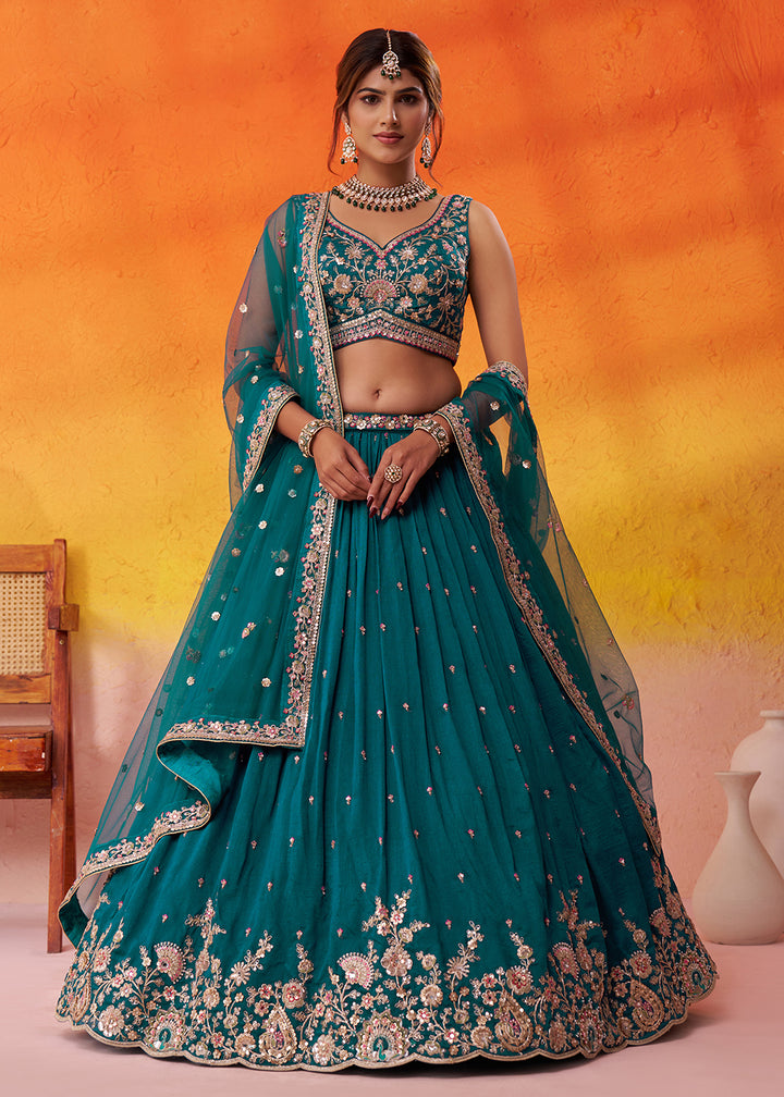 Buy Now Teal Georgette Embroidered Wedding Lehenga Choli Online in US, UK, Canada, France, Germany, Sweden, Greece, Denmark, UAE & Worldwide at Empress.
