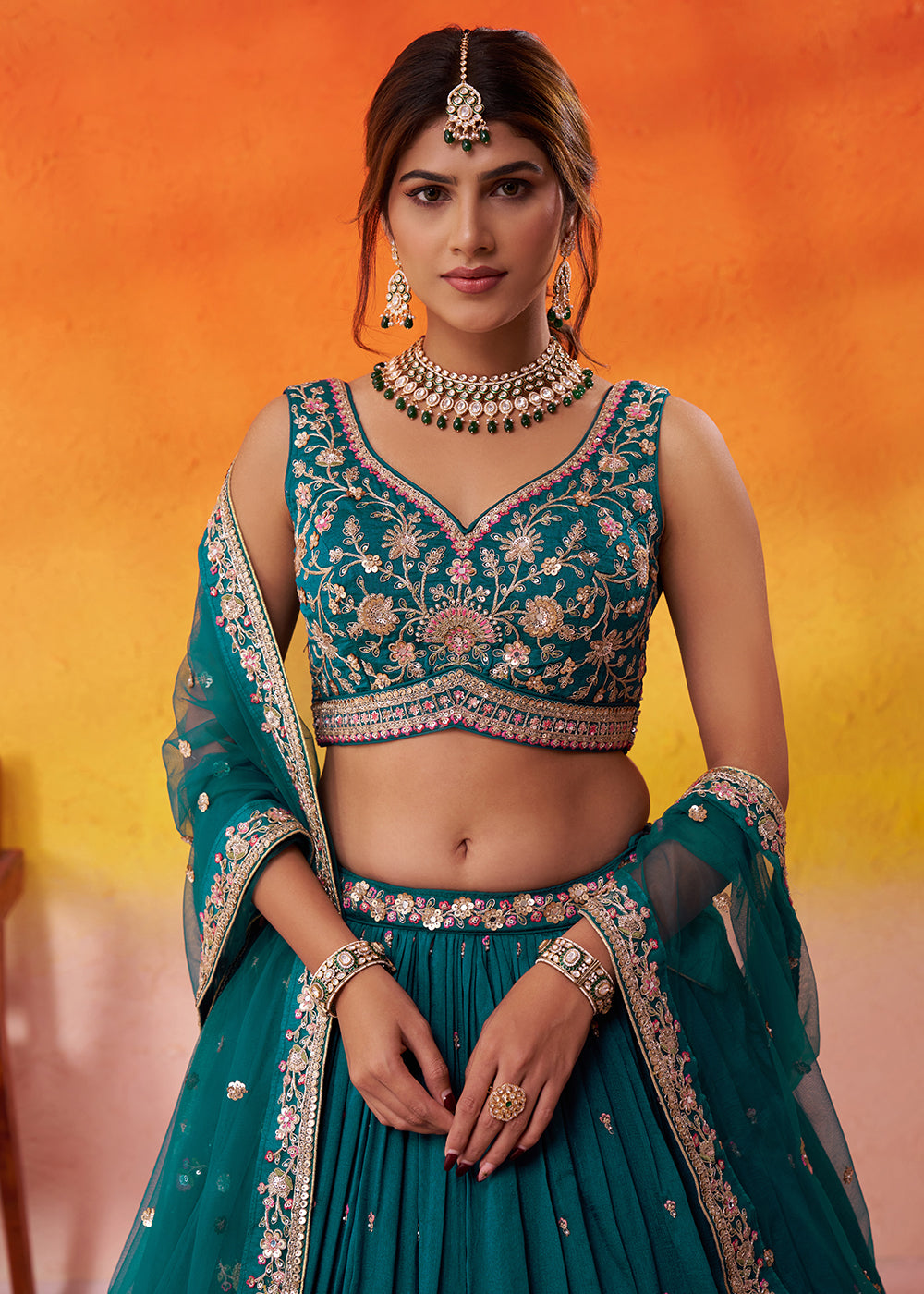 Buy Now Teal Georgette Embroidered Wedding Lehenga Choli Online in US, UK, Canada, France, Germany, Sweden, Greece, Denmark, UAE & Worldwide at Empress.