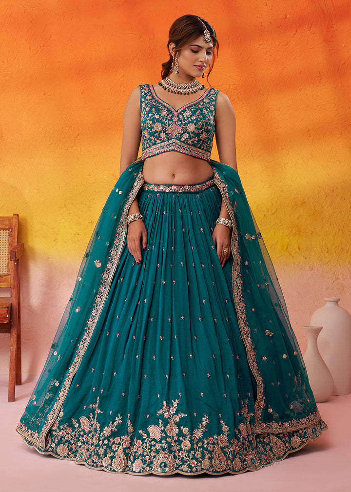 Buy Now Teal Georgette Embroidered Wedding Lehenga Choli Online in US, UK, Canada, France, Germany, Sweden, Greece, Denmark, UAE & Worldwide at Empress.