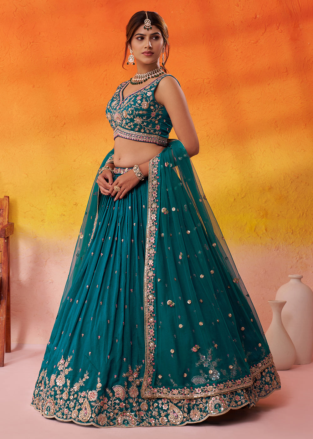 Buy Now Teal Georgette Embroidered Wedding Lehenga Choli Online in US, UK, Canada, France, Germany, Sweden, Greece, Denmark, UAE & Worldwide at Empress.