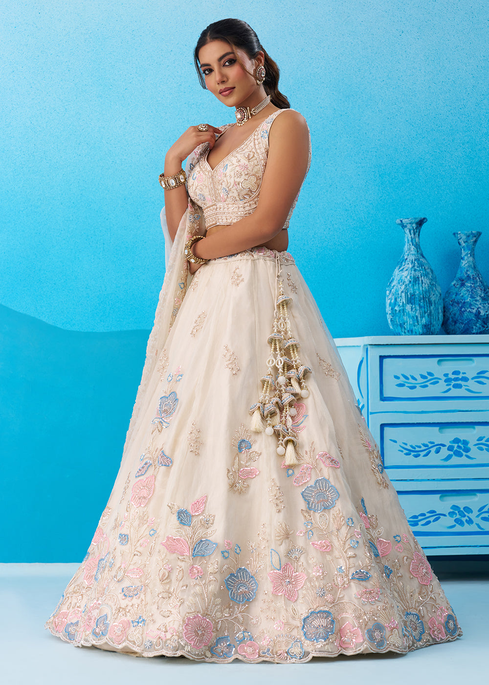 Buy Now Cream Floral Embroidered Designer Reception Lehenga Choli Online in US, UK, Canada, France, Italy, Germany, Australia, Greece & Worldwide at Empress.