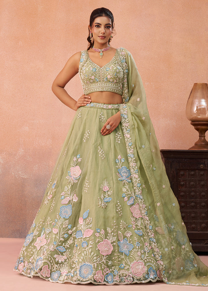 Buy Now Green Floral Embroidered Designer Reception Lehenga Choli Online in US, UK, Canada, France, Italy, Germany, Australia, Greece & Worldwide at Empress.
