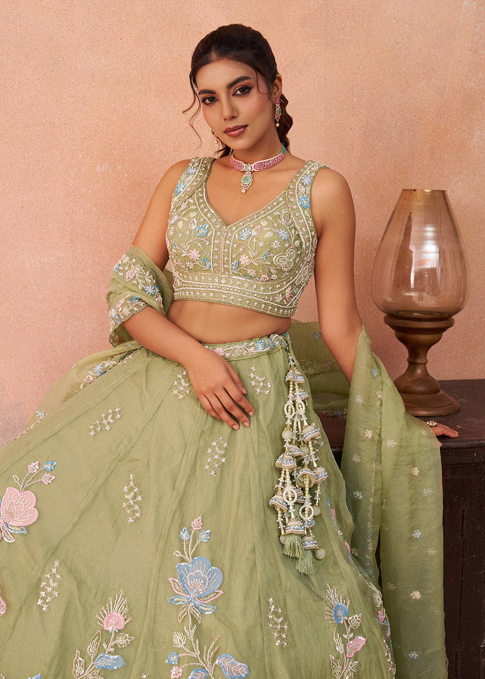 Buy Now Green Floral Embroidered Designer Reception Lehenga Choli Online in US, UK, Canada, France, Italy, Germany, Australia, Greece & Worldwide at Empress.